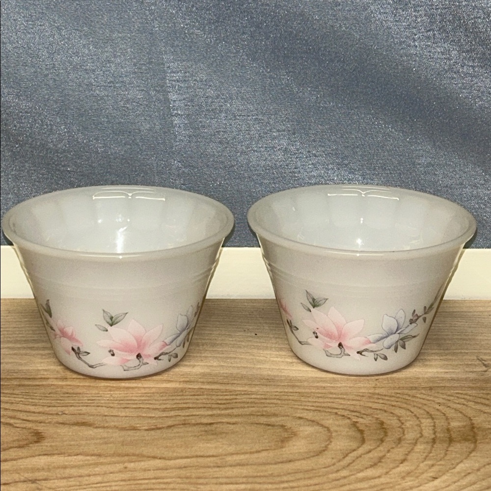 Indopal Indonesia white milk-glass floral design 
custard bowls. Set of 2